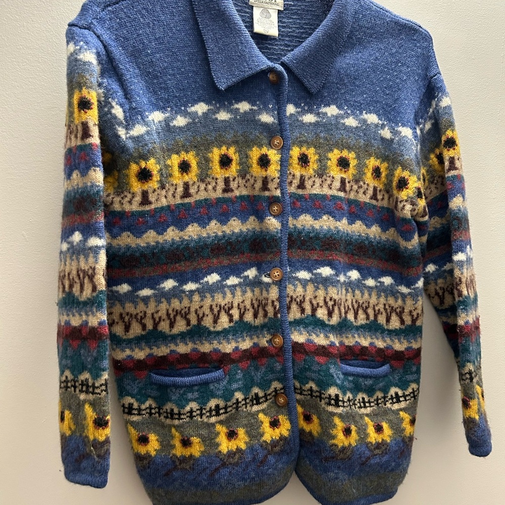 Tabi Vintage Blue Cardigan Sweater with Fair Isle Pattern
